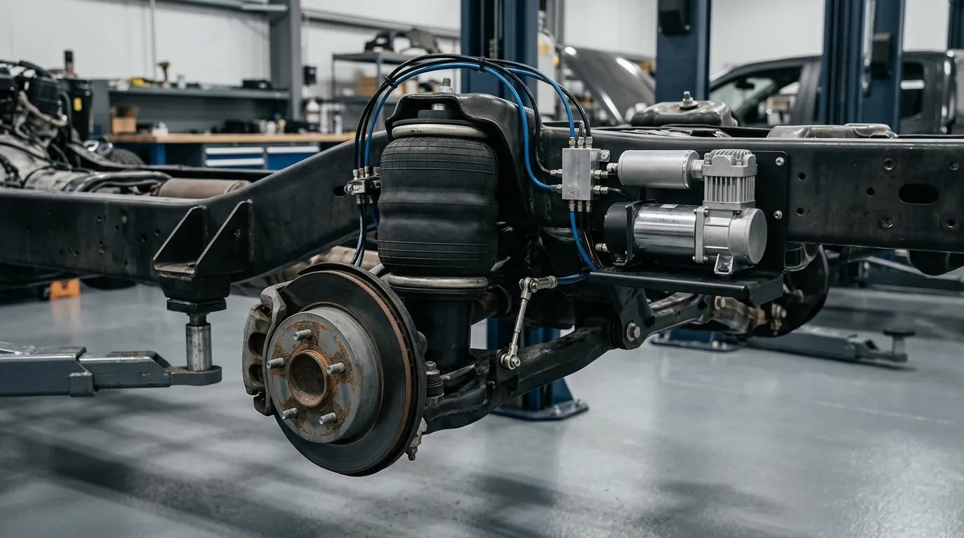 Air spring, compressor, valve block, air lines and height sensor mounted on a vehicle chassis corner