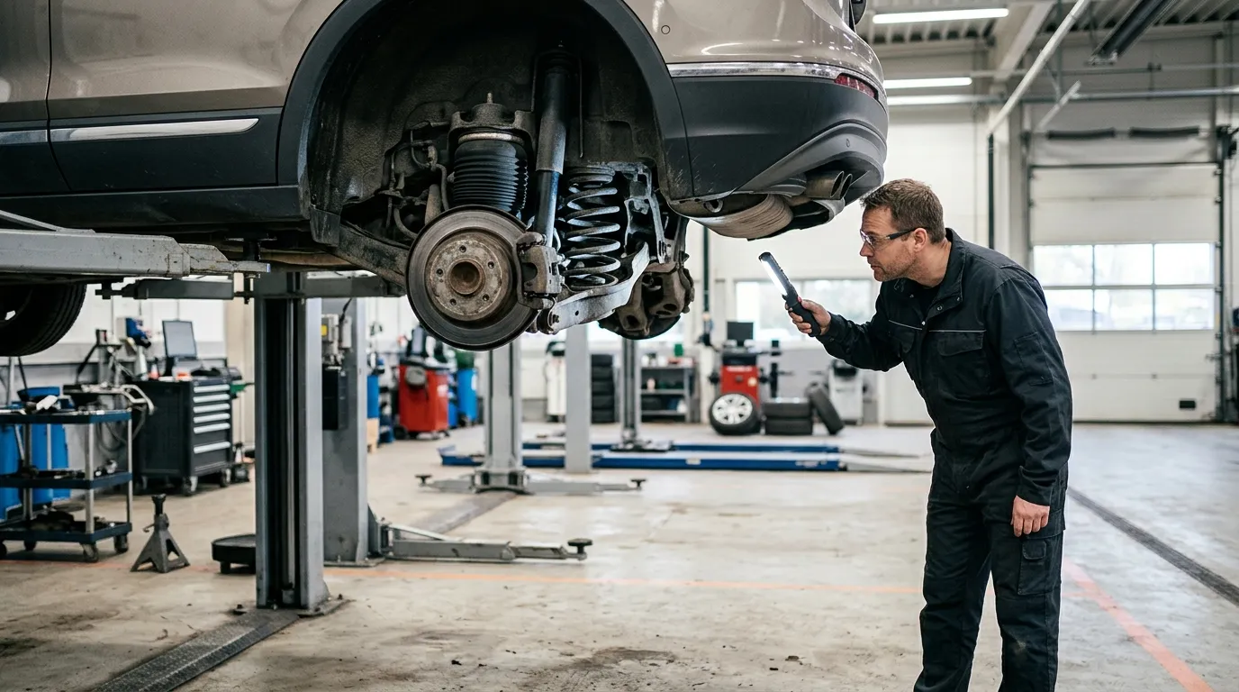 Vehicle on a workshop lift with a technician inspecting an air spring and strut near a coil spring