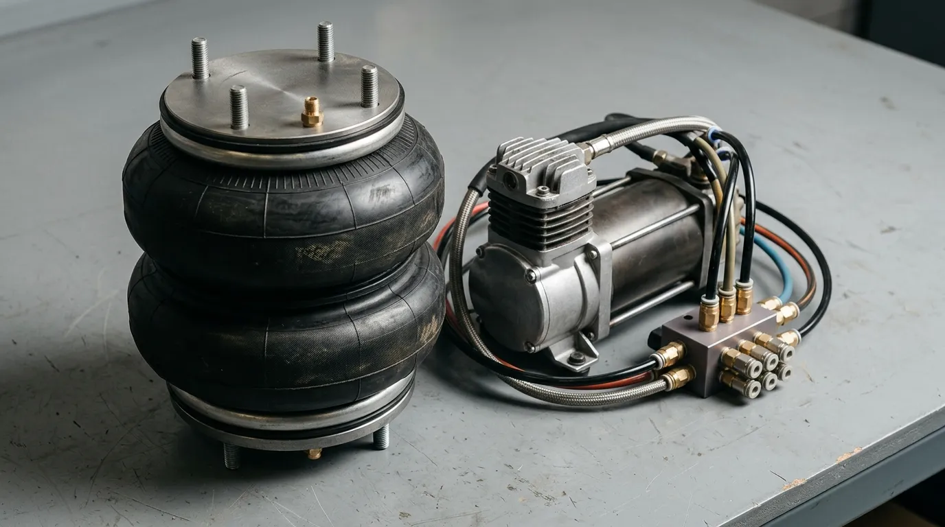 Air spring bellows with metal mounts next to a compressor and multi-port valve block with connected air lines on a workshop surface