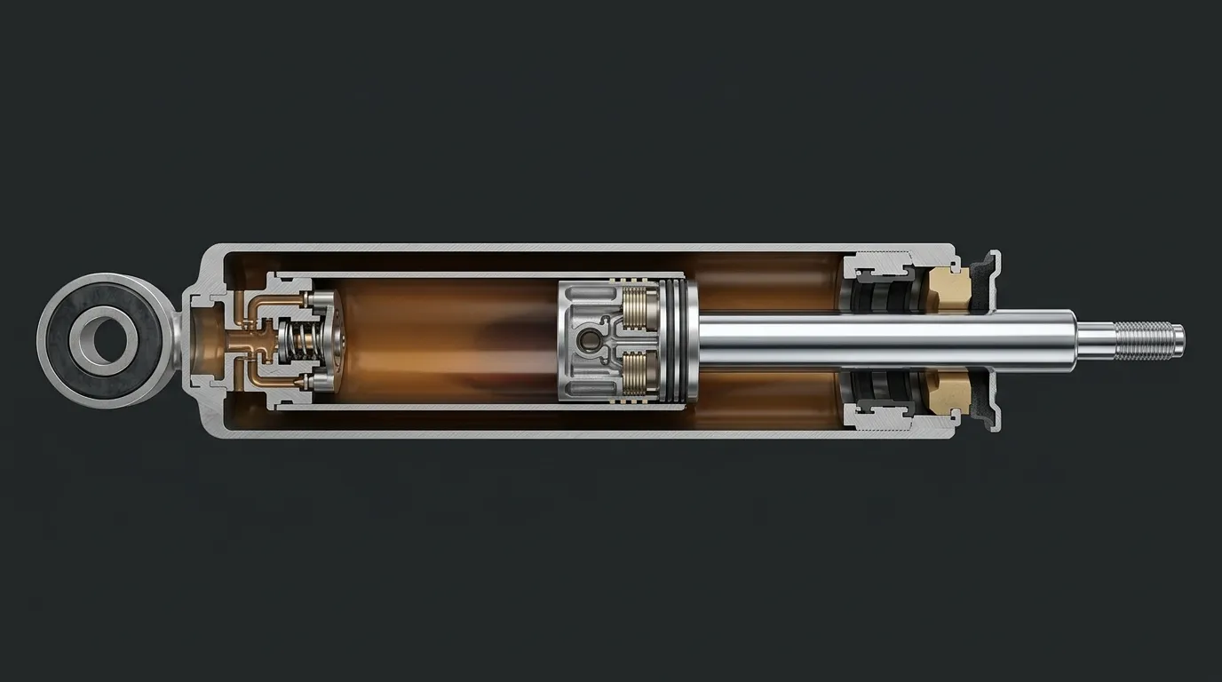 Half-section cutaway of a shock absorber showing piston rod, internal valve passages and oil-filled cylinder