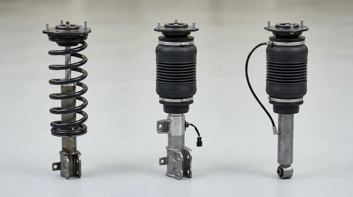 Three suspension corner assemblies side by side: coil spring over a damper, air spring over an electronically controlled damper, and air spring with a fixed damper
