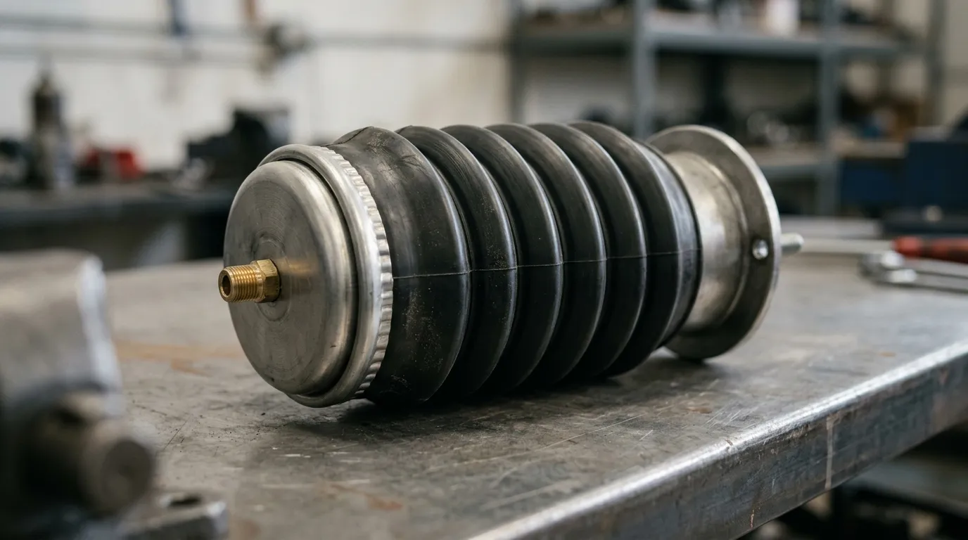 Air suspension spring with rubber bellows, crimped metal end ring and air line fitting on a workbench