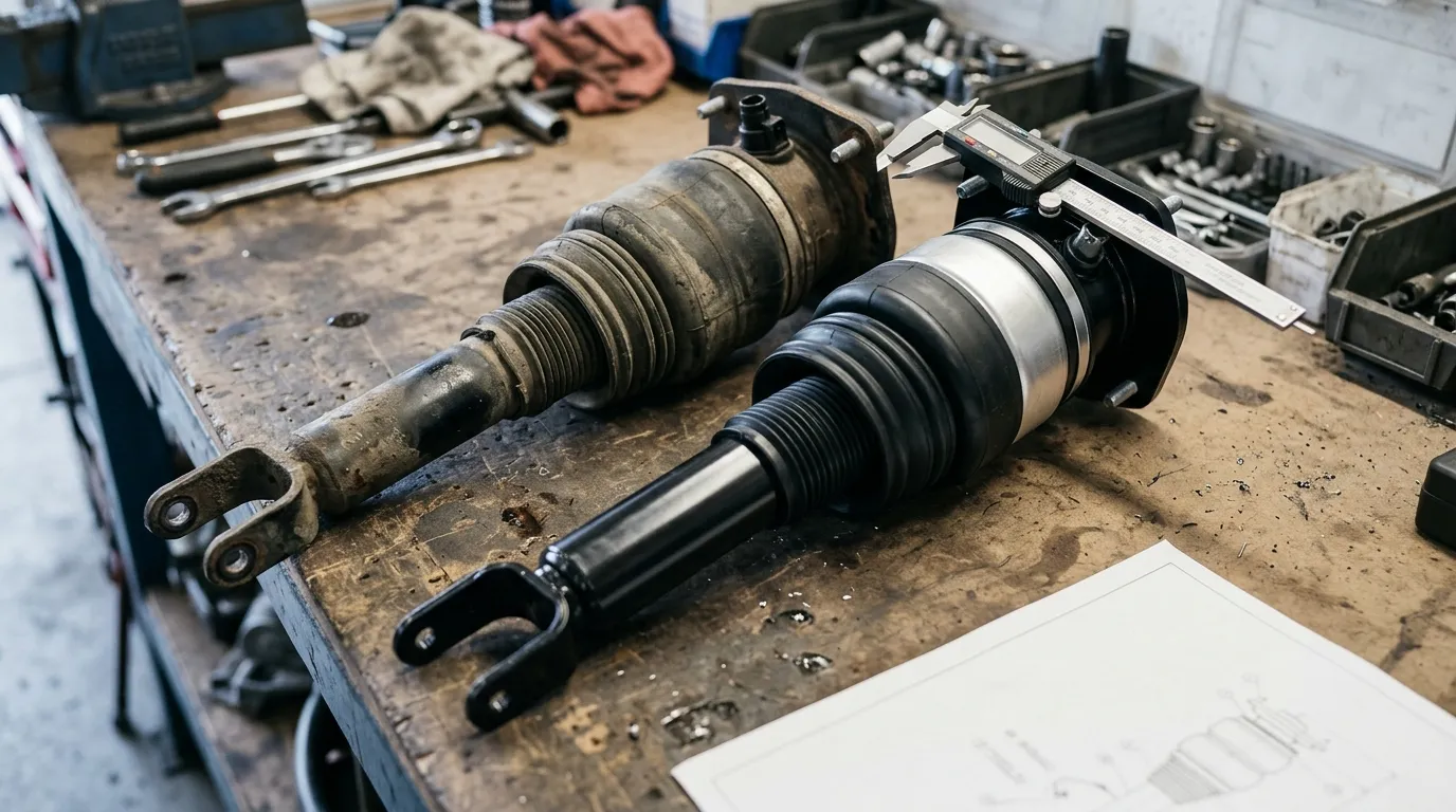 Original and replacement air suspension struts side by side on a bench with a caliper and drawing
