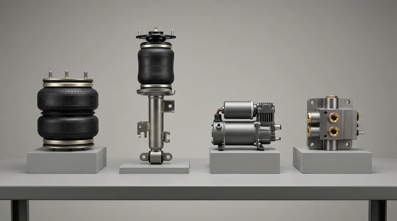 Air spring, air strut, compressor and valve block grouped side by side on neutral pedestals for comparison