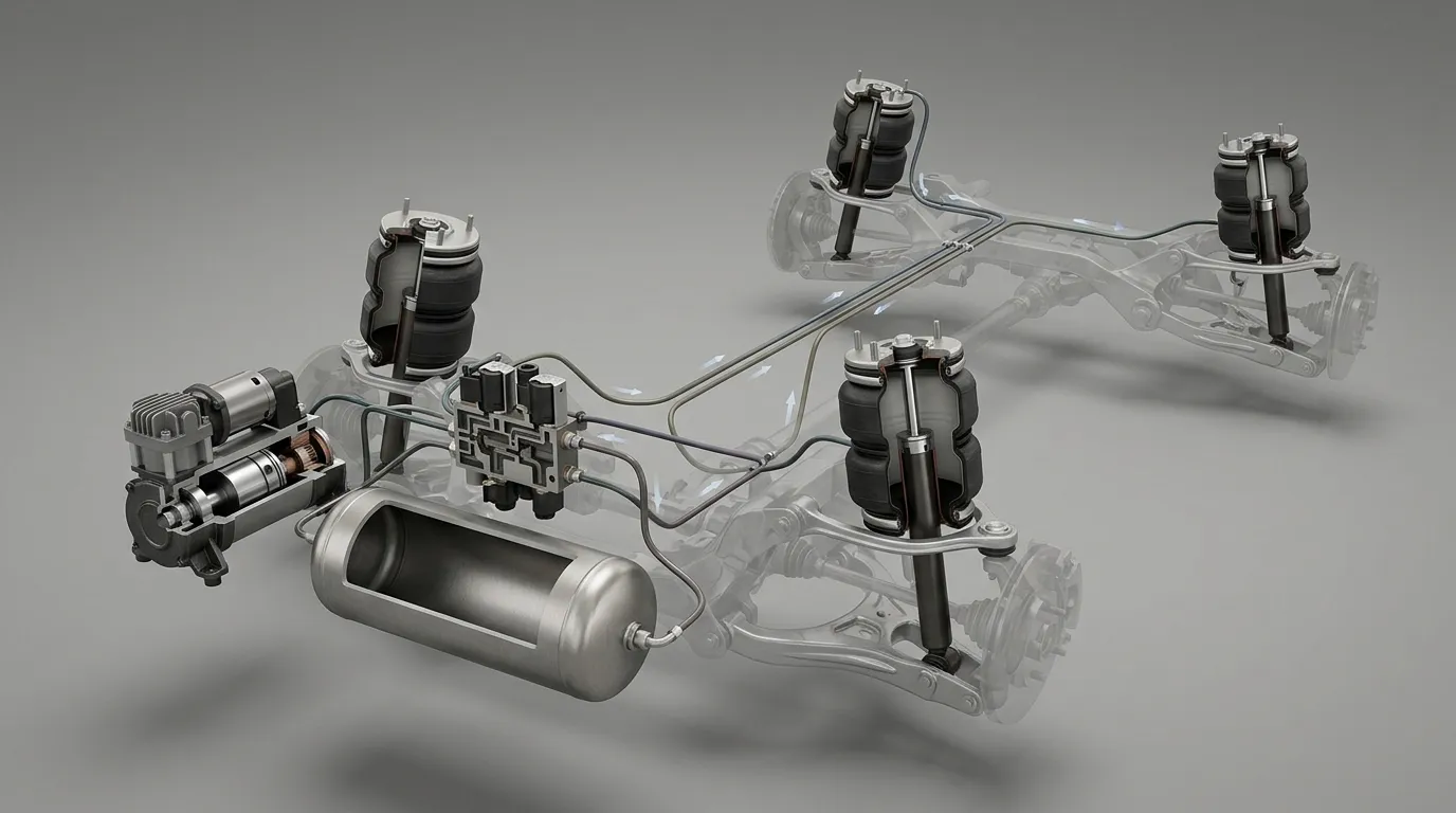 Sectional view of an air suspension system showing a valve block connected between a compressor, reservoir, pneumatic lines and four air springs