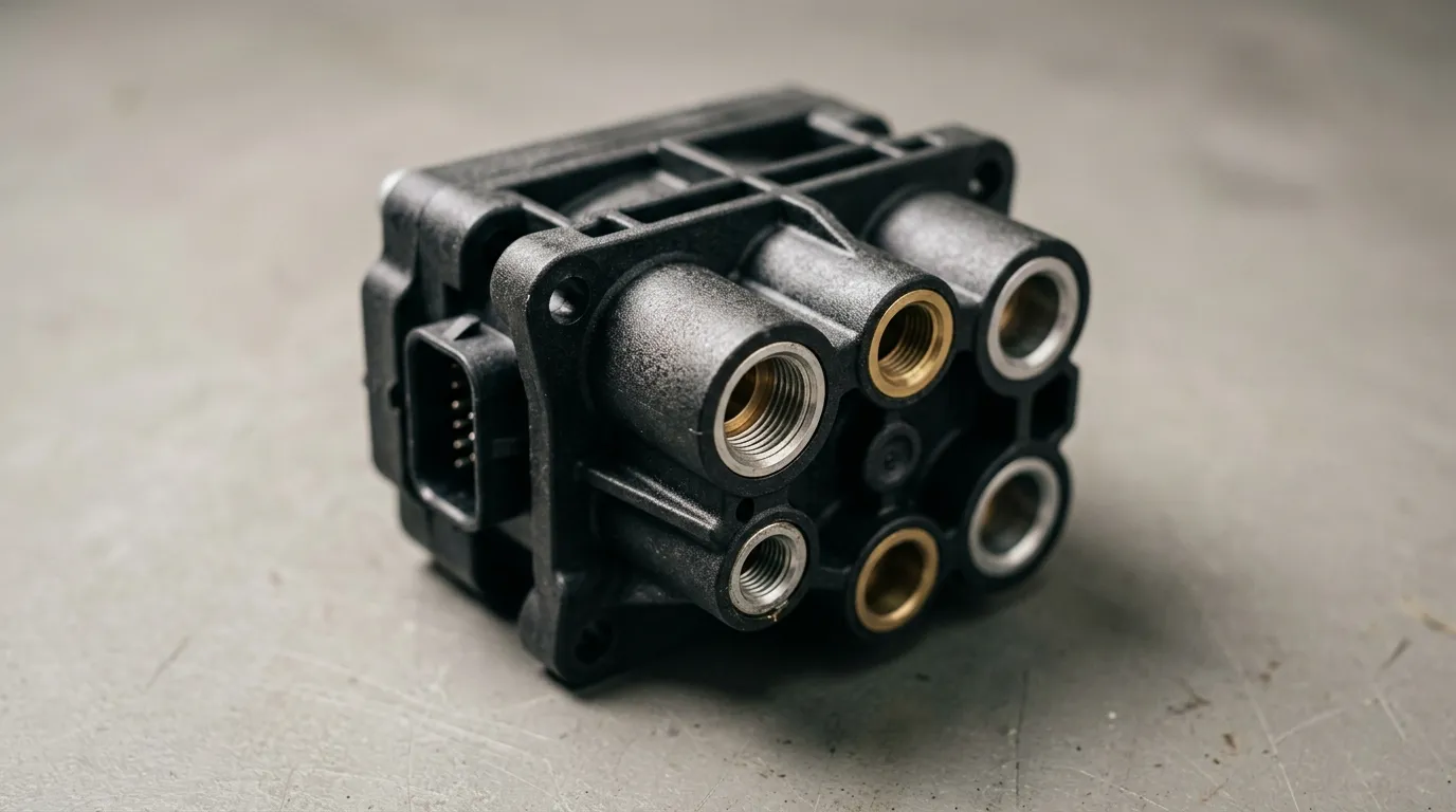 Close-up of a valve block housing showing its air ports and electrical connector socket on a workbench