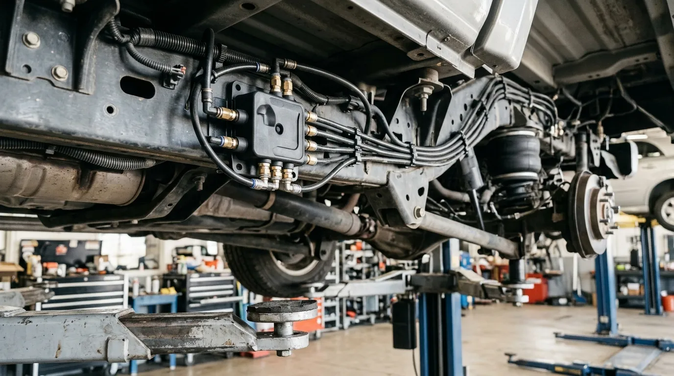 Valve block mounted on a raised vehicle chassis with pneumatic lines routed to the air springs in a workshop