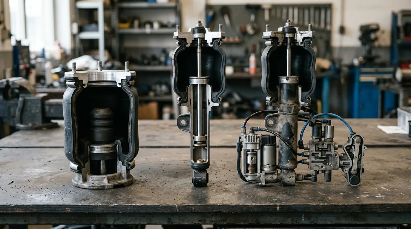 Air spring, air strut and complete air suspension assembly placed side by side on a workshop bench