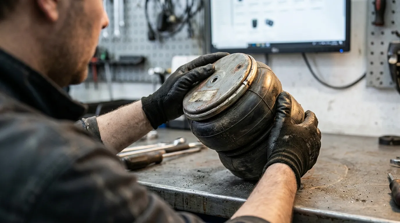 Gloved hands inspecting the top plate of a removed air spring beside a blurred catalog screen